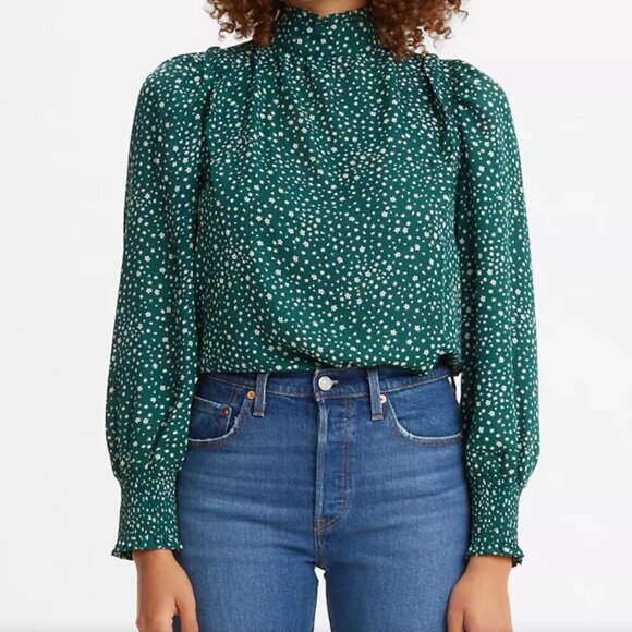 Levi’s Green Floral High-Neck Blouse – Smocked Long Sleeve Top, Size S - Picture 1 of 6